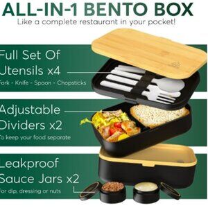 Umami Bento LunchBox Adult All-In-1 w/4 Utensils, 2 Sauce Jars 2 Dividers Bambo
